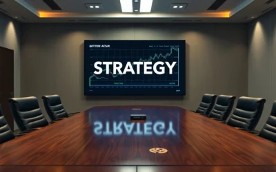 Corporate boardroom with a digital screen showing a Bitcoin chart and the word Strategy