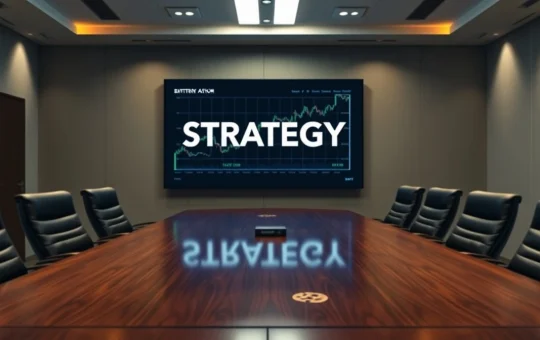 Corporate boardroom with a digital screen showing a Bitcoin chart and the word Strategy