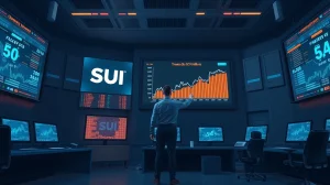 Analyst monitoring Sui blockchain transaction data on multiple screens in a modern control room
