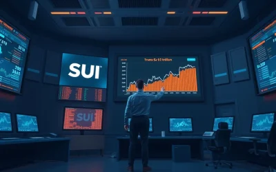 Analyst monitoring Sui blockchain transaction data on multiple screens in a modern control room