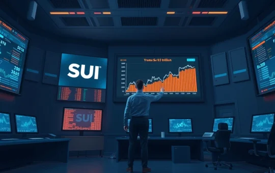 Analyst monitoring Sui blockchain transaction data on multiple screens in a modern control room