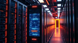 Futuristic server with neural network pattern representing decentralized AI in a data center