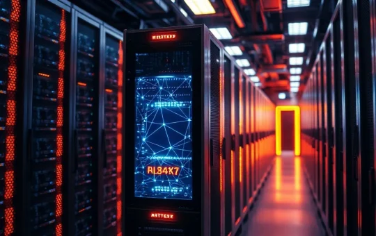 Futuristic server with neural network pattern representing decentralized AI in a data center