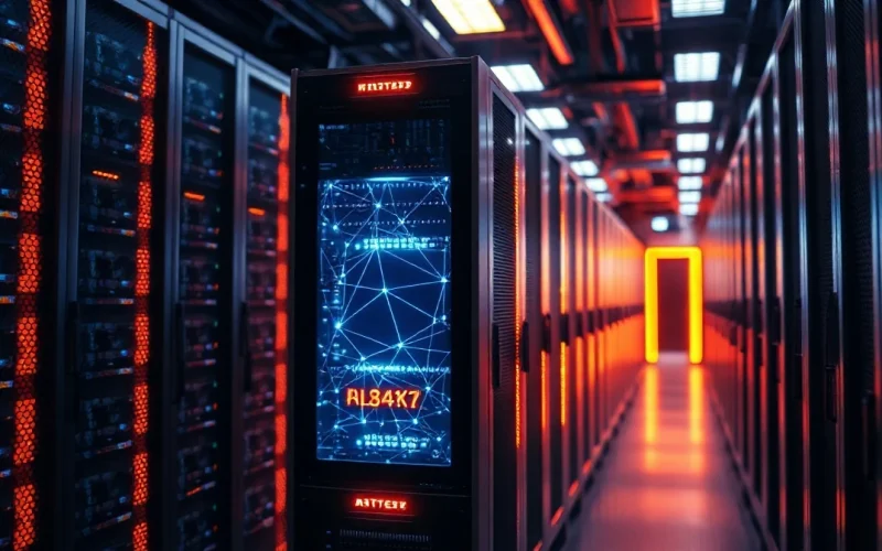 Futuristic server with neural network pattern representing decentralized AI in a data center