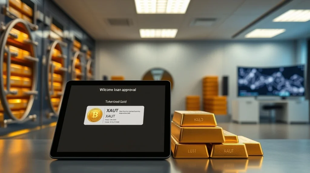 Gold bars and a digital tablet showing XAUT loan approval interface in a secure vault setting