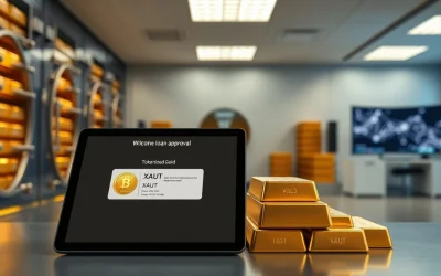 Gold bars and a digital tablet showing XAUT loan approval interface in a secure vault setting