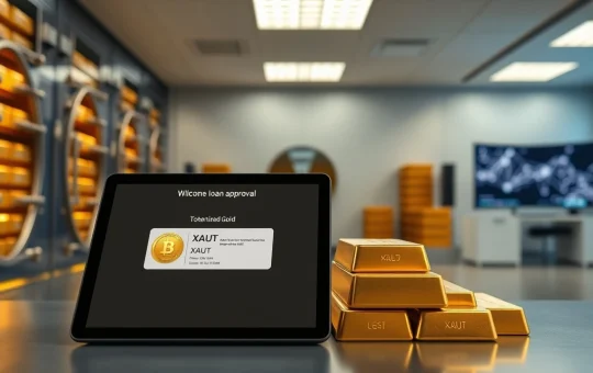 Gold bars and a digital tablet showing XAUT loan approval interface in a secure vault setting