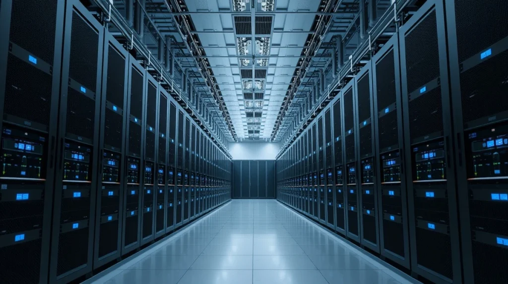 Interior of a large data center with rows of servers for crypto mining and staking.