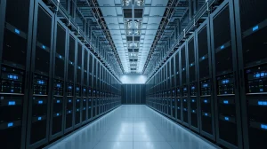Interior of a large data center with rows of servers for crypto mining and staking.
