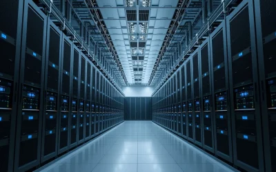 Interior of a large data center with rows of servers for crypto mining and staking.