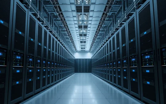 Interior of a large data center with rows of servers for crypto mining and staking.