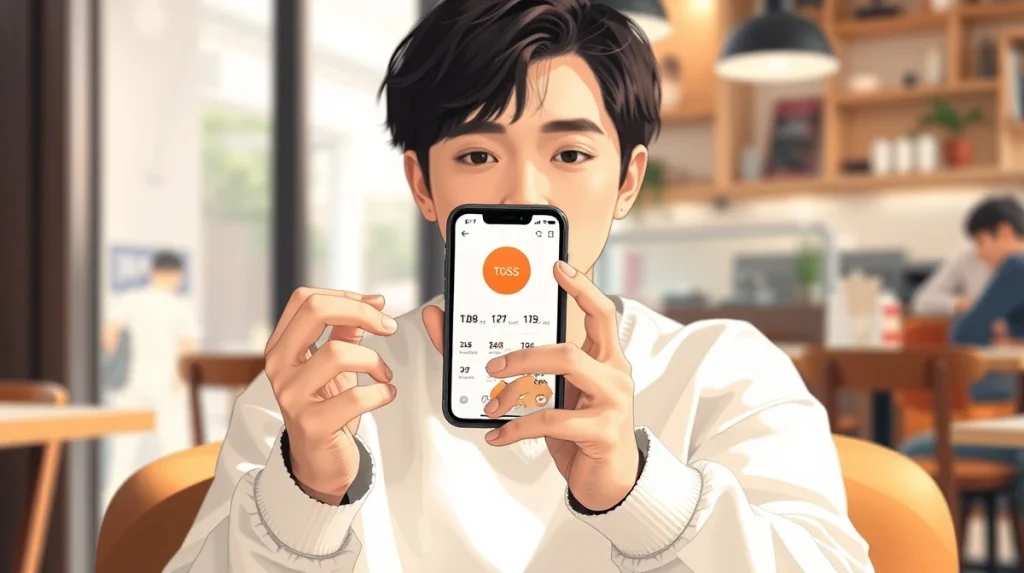 User holding smartphone with Toss app in a Seoul coffee shop for AI data contribution