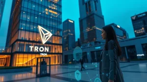 TRON logo reflected on skyscraper with holographic HLSCOPE blockchain data in a financial district at dusk