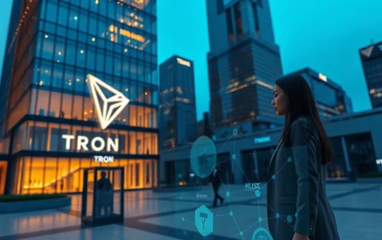 TRON logo reflected on skyscraper with holographic HLSCOPE blockchain data in a financial district at dusk