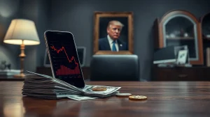 Stack of US dollars and digital tokens with a downward-trending crypto chart on a smartphone, representing Trump crypto profits and investor losses.