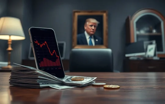 Stack of US dollars and digital tokens with a downward-trending crypto chart on a smartphone, representing Trump crypto profits and investor losses.