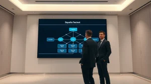 Two banking professionals reviewing a blockchain compliance dashboard on a large screen in a modern office