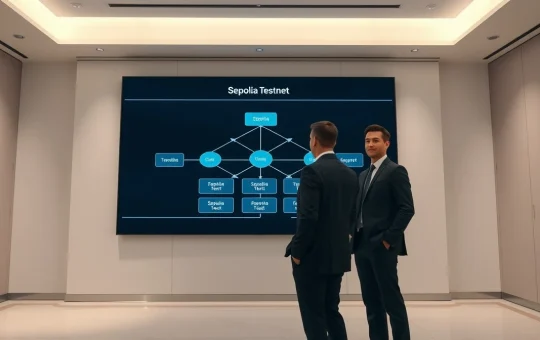 Two banking professionals reviewing a blockchain compliance dashboard on a large screen in a modern office