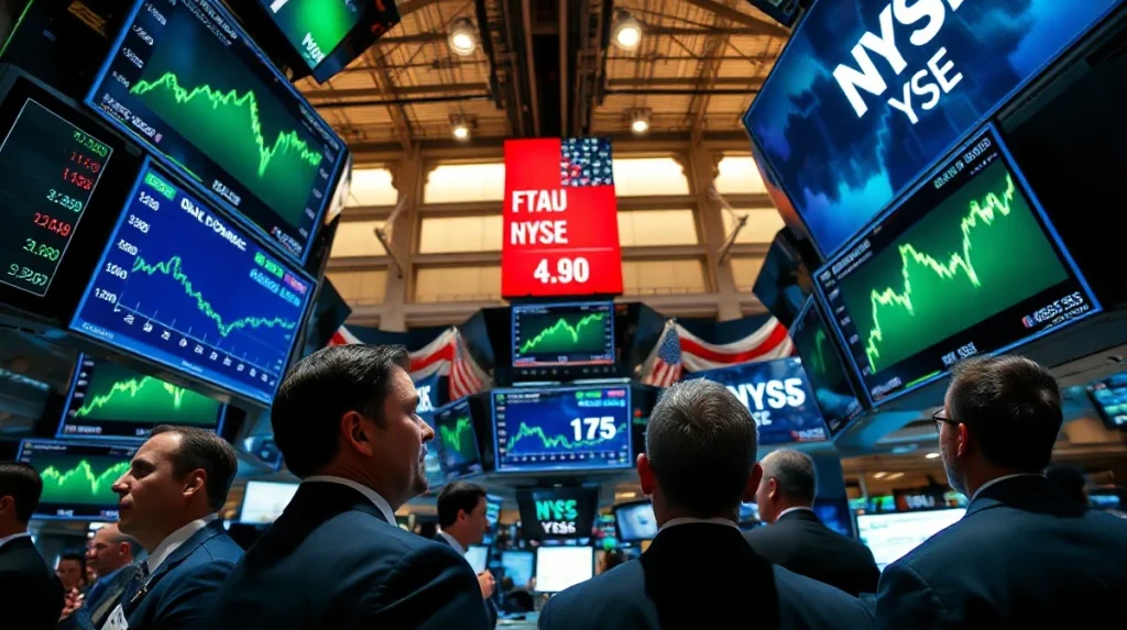 Traders on NYSE floor watching green screens as stock market surges on ceasefire hopes.