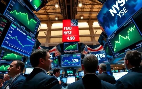 Traders on NYSE floor watching green screens as stock market surges on ceasefire hopes.