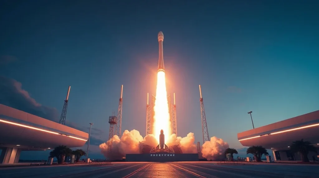 Futuristic rocket launch with digital crypto symbols in the exhaust plume, representing Velvet Capital's rally tied to SpaceX IPO speculation.