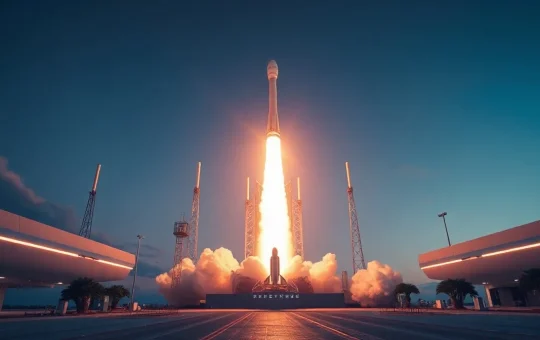 Futuristic rocket launch with digital crypto symbols in the exhaust plume, representing Velvet Capital's rally tied to SpaceX IPO speculation.