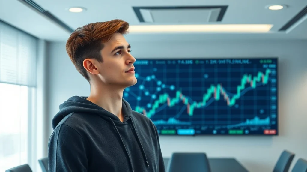 Vitalik Buterin standing in a modern conference room with a digital screen showing blockchain network and financial charts.