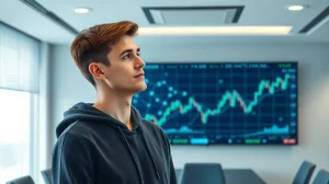 Vitalik Buterin standing in a modern conference room with a digital screen showing blockchain network and financial charts.