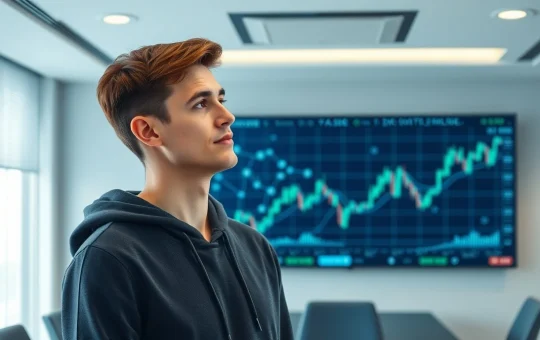 Vitalik Buterin standing in a modern conference room with a digital screen showing blockchain network and financial charts.