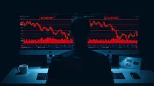 Dimly lit trading desk with monitors showing red Bitcoin and Ethereum price charts during a market crash.