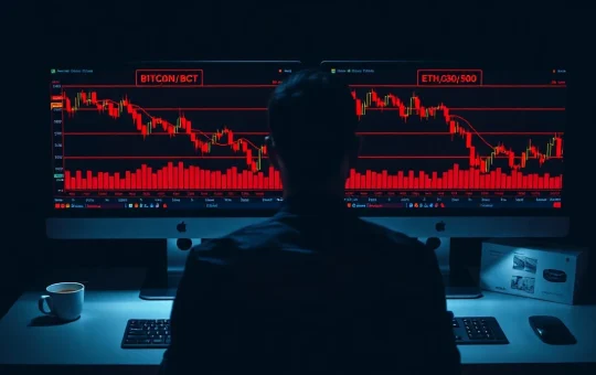 Dimly lit trading desk with monitors showing red Bitcoin and Ethereum price charts during a market crash.