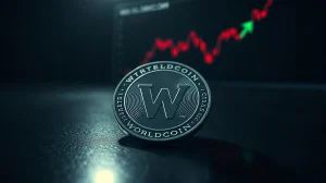 Worldcoin token on dark surface with a red price chart and green arrow suggesting potential recovery.