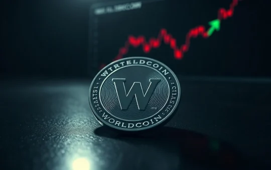 Worldcoin token on dark surface with a red price chart and green arrow suggesting potential recovery.