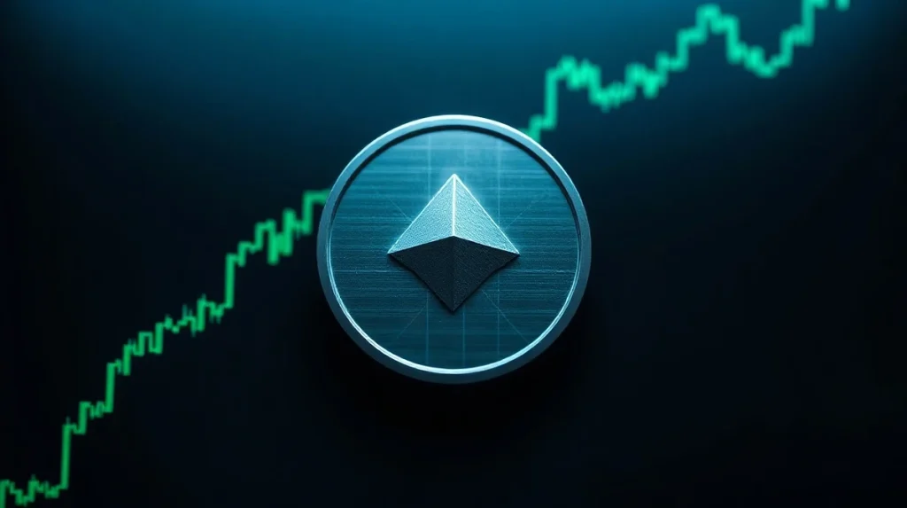 XLM (Stellar Lumens) symbol on a dark trading chart background with green upward trend lines.