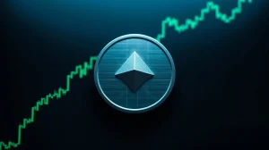 XLM (Stellar Lumens) symbol on a dark trading chart background with green upward trend lines.