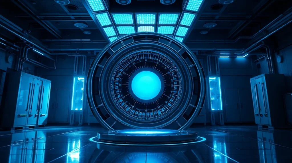 Futuristic plasma reactor core with blue energy glow in a high-tech laboratory setting.