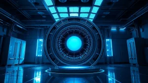 Futuristic plasma reactor core with blue energy glow in a high-tech laboratory setting.