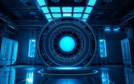 Futuristic plasma reactor core with blue energy glow in a high-tech laboratory setting.