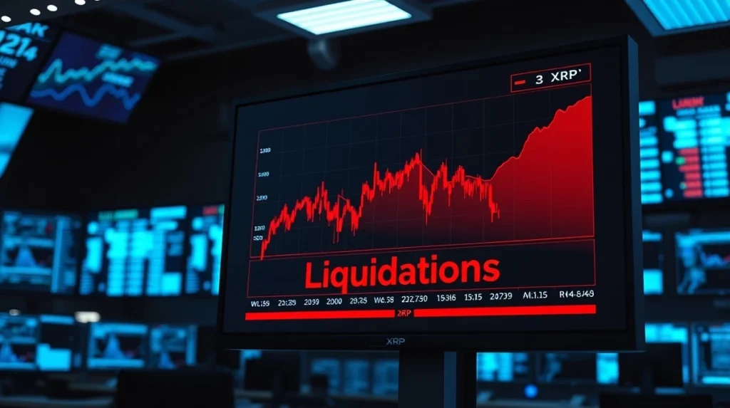 Digital screen showing XRP price chart with red candlesticks and liquidation data panel.