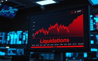 Digital screen showing XRP price chart with red candlesticks and liquidation data panel.