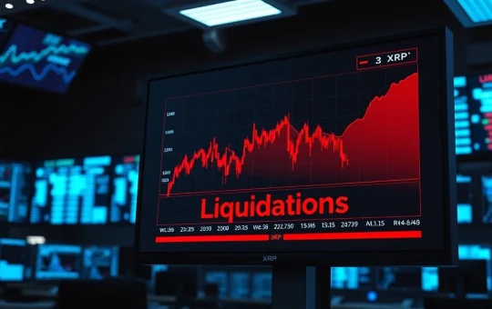Digital screen showing XRP price chart with red candlesticks and liquidation data panel.
