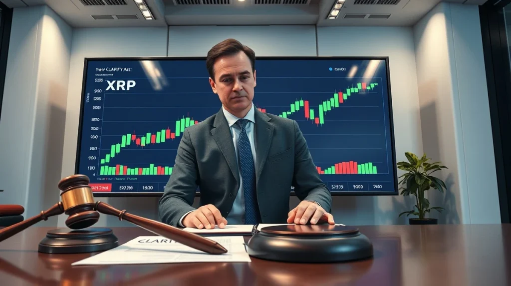 Financial analyst reviewing XRP price chart and CLARITY Act document in a modern office.