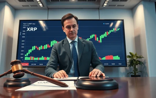Financial analyst reviewing XRP price chart and CLARITY Act document in a modern office.