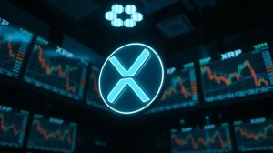 Digital XRP token symbol in a dimly lit trading environment, representing price suppression claims.