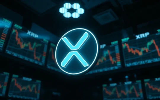 Digital XRP token symbol in a dimly lit trading environment, representing price suppression claims.