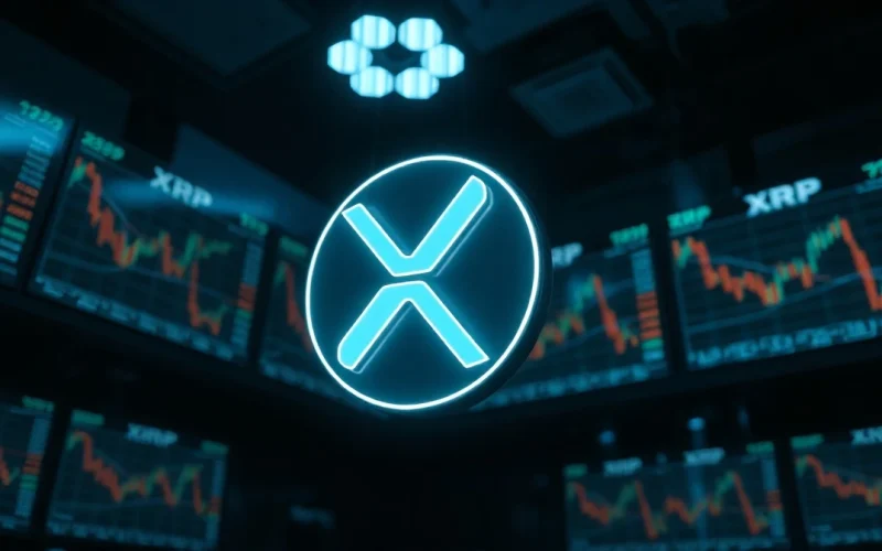 Digital XRP token symbol in a dimly lit trading environment, representing price suppression claims.