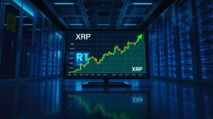 A financial data center with a large display showing an XRP price chart and a green upward arrow, representing the analyst's bullish price targets.