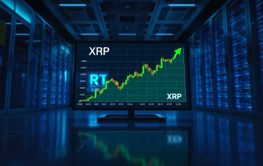 A financial data center with a large display showing an XRP price chart and a green upward arrow, representing the analyst's bullish price targets.