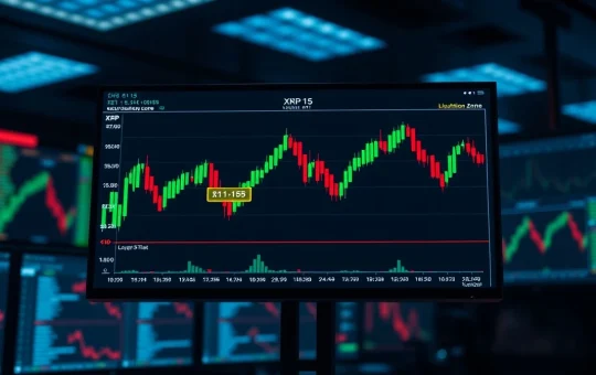 XRP price chart showing $1.15 resistance level with liquidation zone overlay