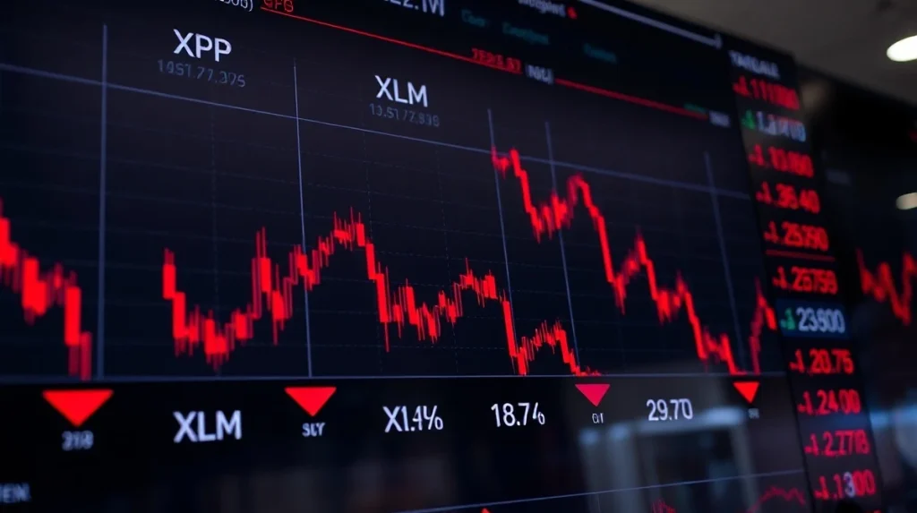 Red downward trending charts for XRP and XRP on a digital trading display